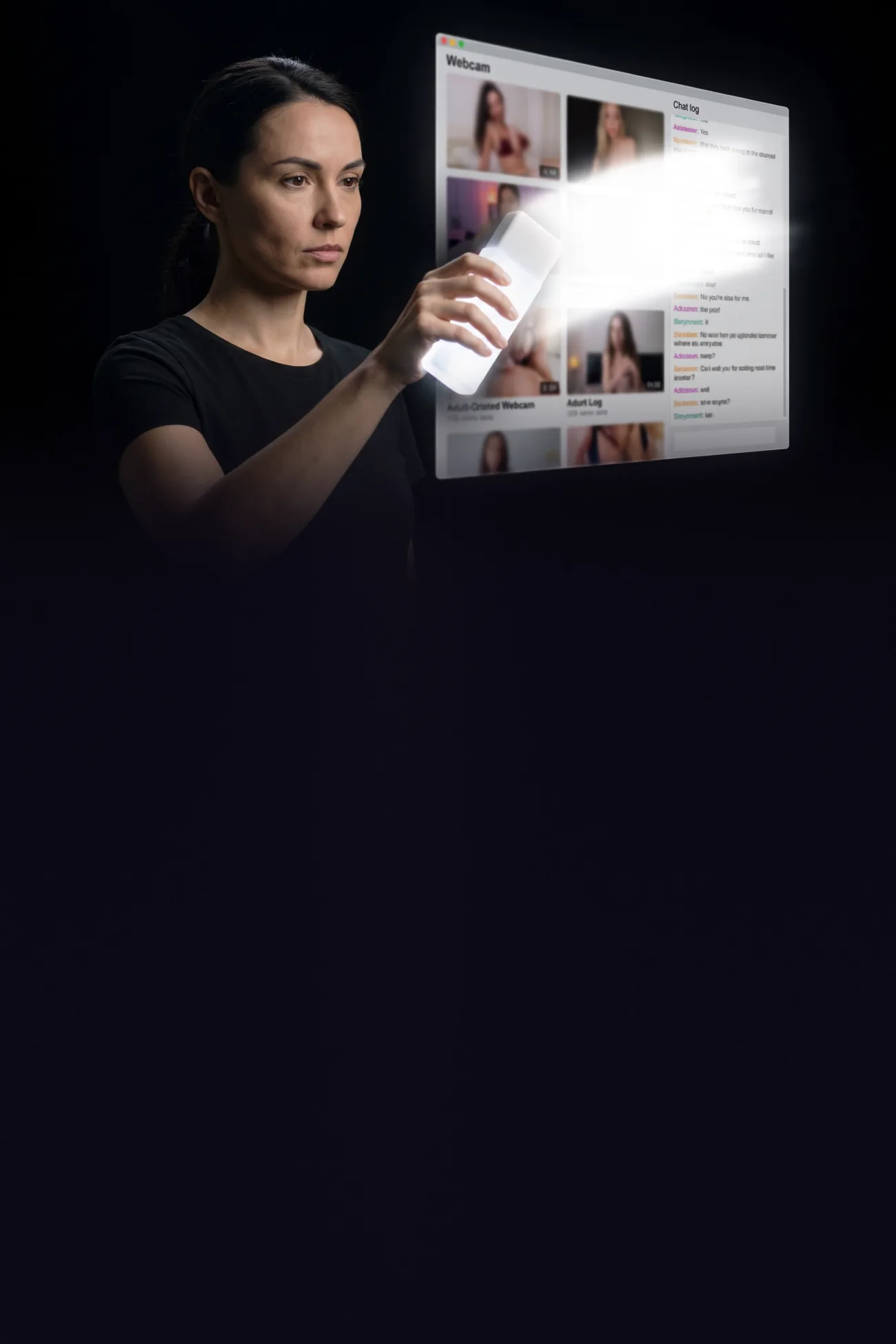 Imagen ilustrativa generada con inteligencia artificial: una mujer apunta un dispositivo luminoso hacia una ventana de navegador que flota frente a ella, con miniaturas desenfocadas.