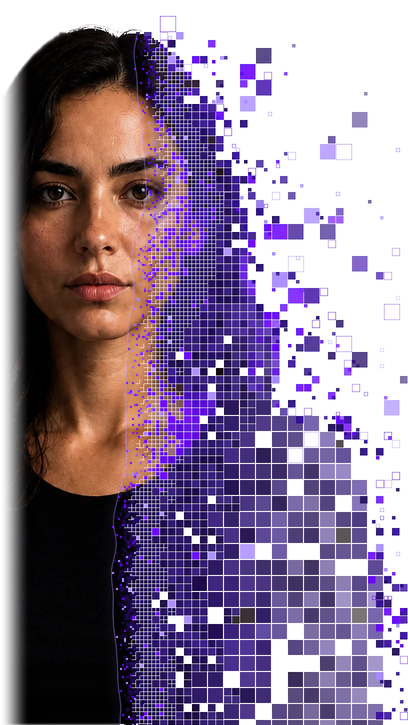 Retrato ilustrativo: la mitad derecha del rostro se descompone en píxeles violeta; detrás, capturas simuladas de páginas donde su imagen aparece publicada.